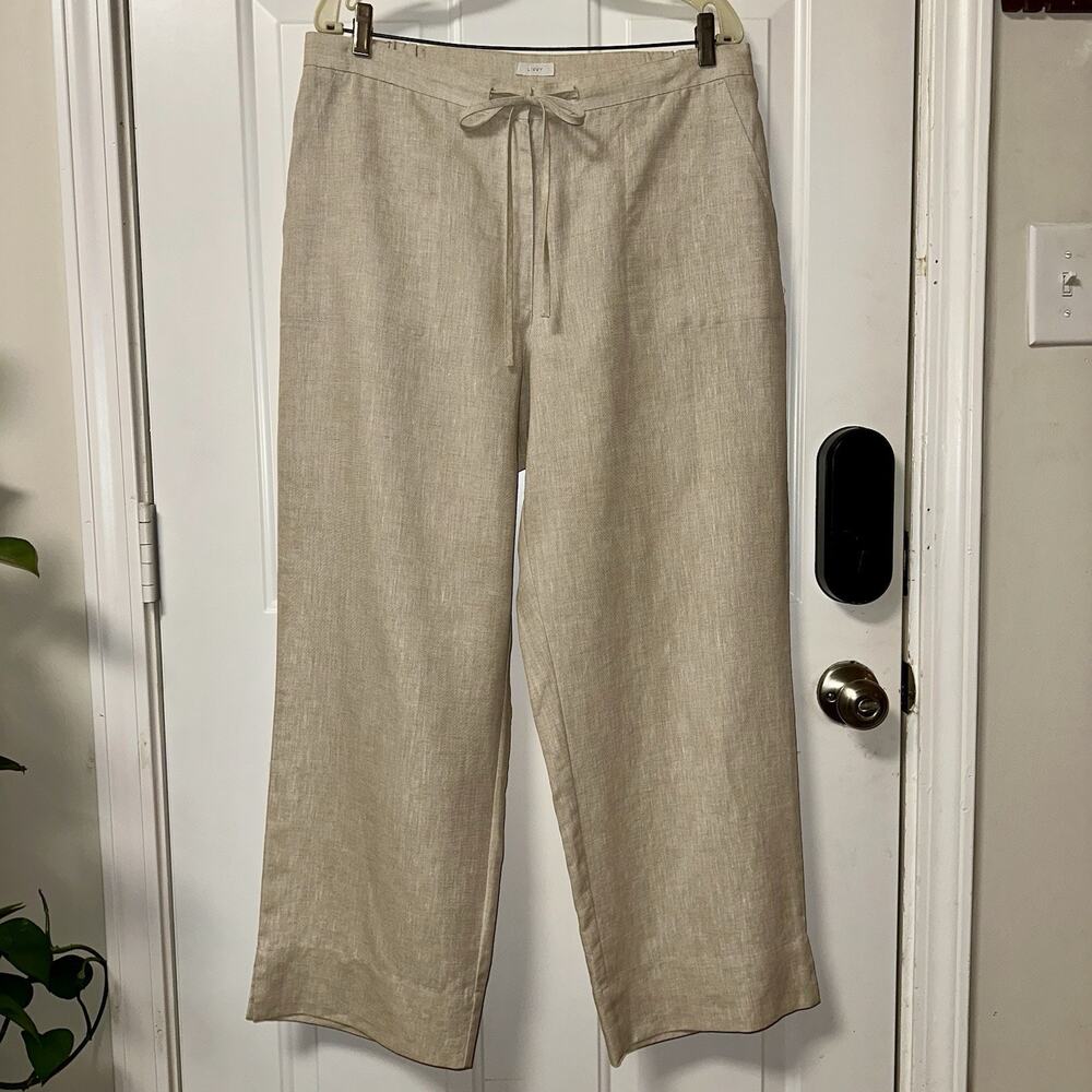 100% Linen Beige Tan Wide Leg Elastic Drawstring Waist Flat Front Pockets Sz 16